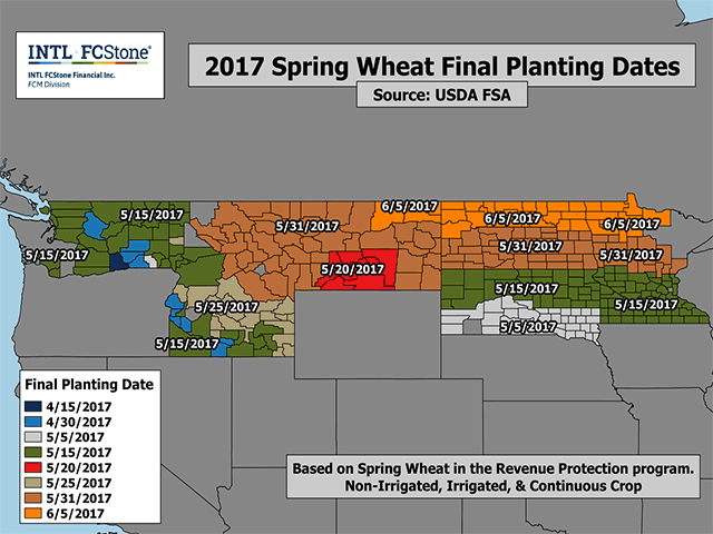 While it isn't time to push the panic button yet on late spring wheat planting, some spots on this map have last plant dates in early May and weather forecasts don't look promising for this week. (Map courtesy of INTL FCStone)